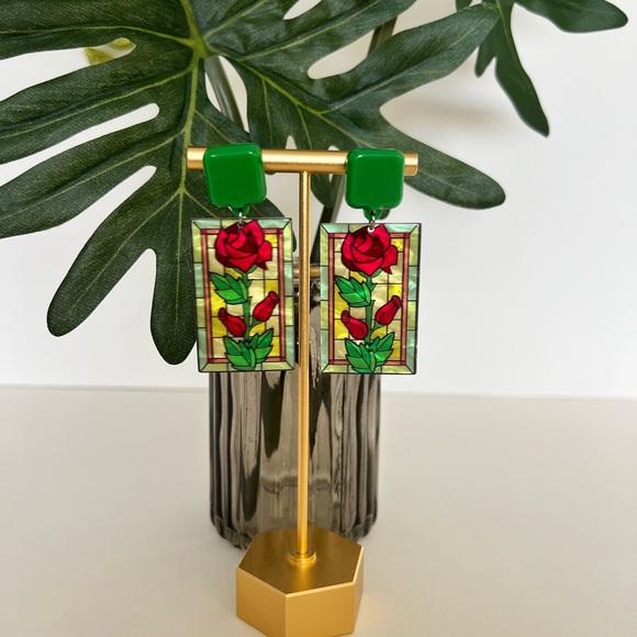 Art Nouveau Floral Stained Glass Earrings- Dangle Retro Flower Earrings - Picture 8 of 16